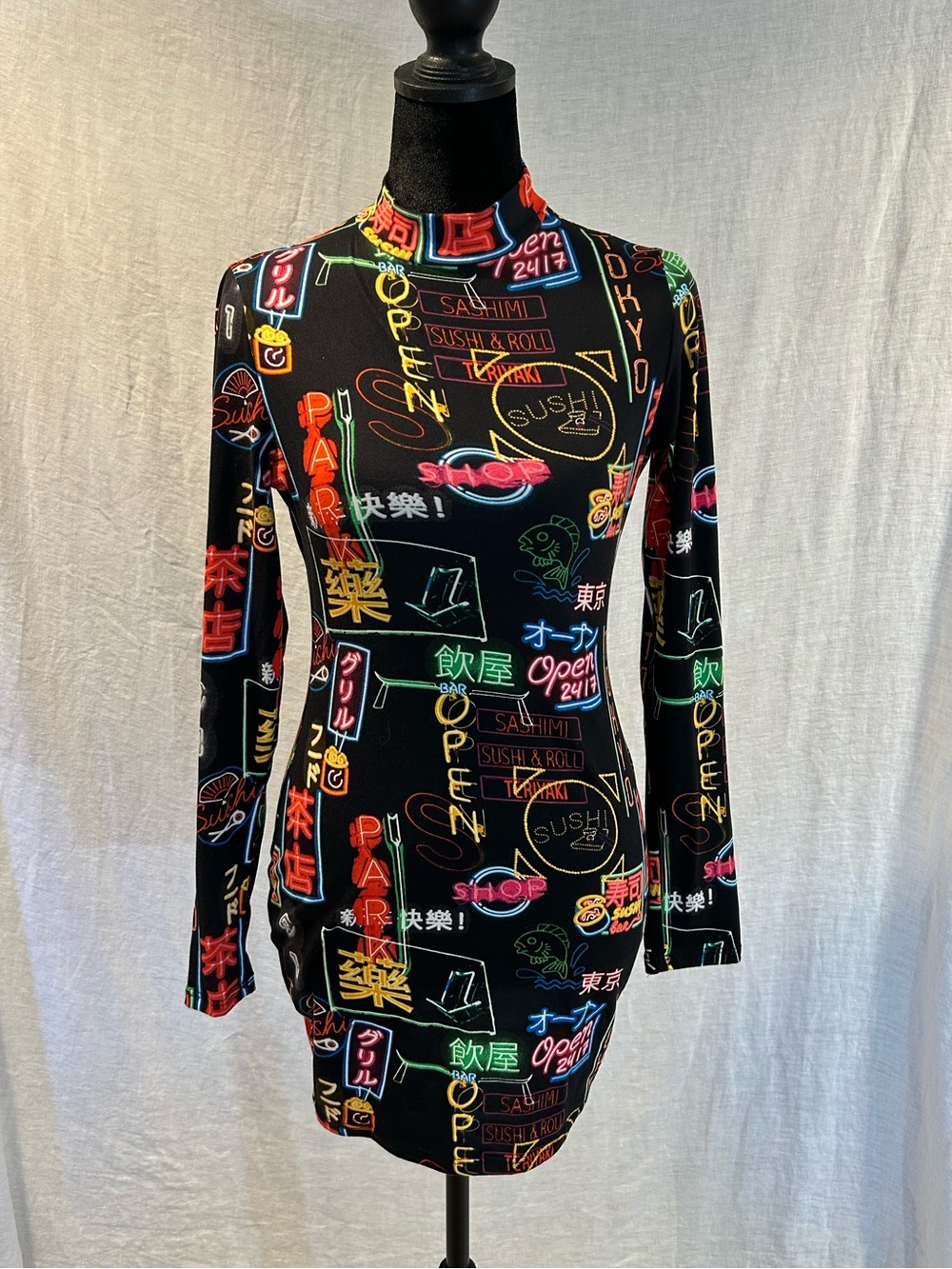 Neon Graphic Mock Neck Long Sleeve Dress - Black